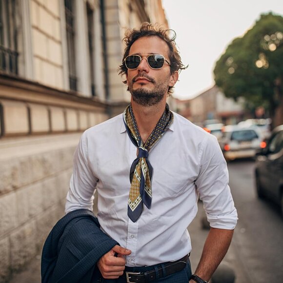 Vintage Silk Feel Square Scarf for Men Satin Bandana Tiny Medallion Print Necker - Picture 3 of 7